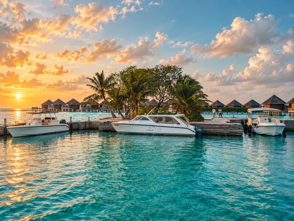 Speedboat arriving at a Maldives resort jetty