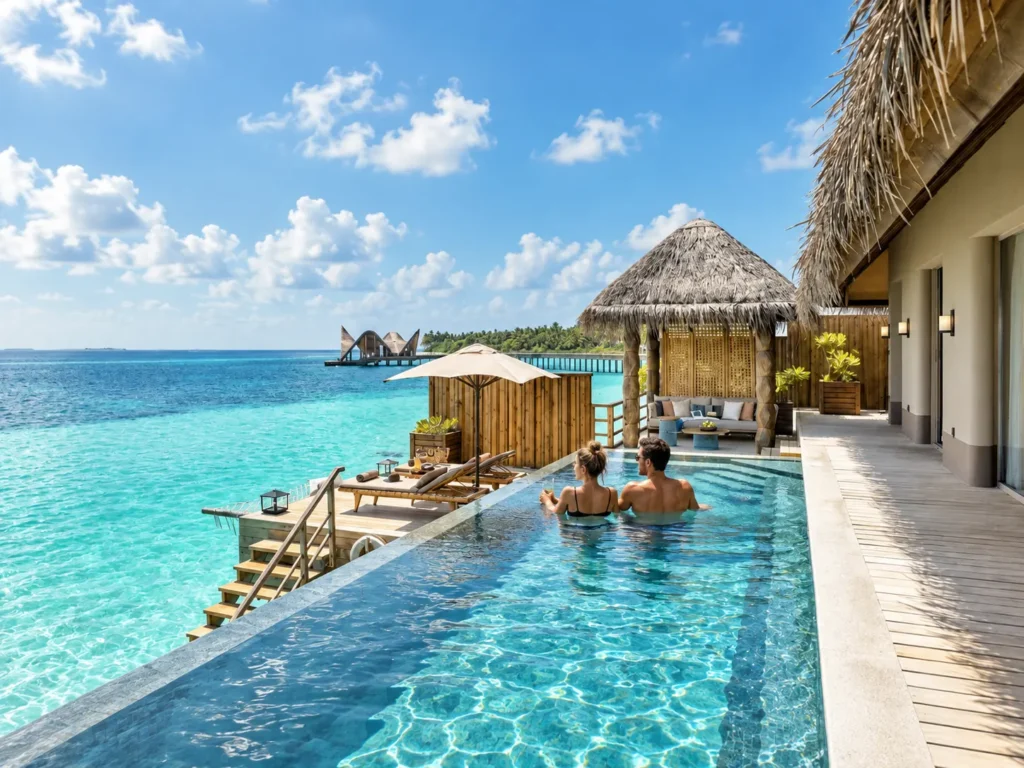 Infinity pool on the deck of a JOALI Luxury Sunset Water Villa
