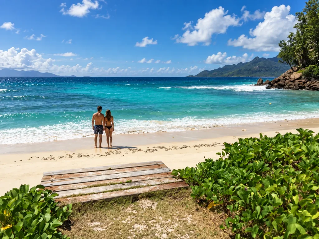 Couple on an empty beach with granite hills behind on North Island, Seychelles