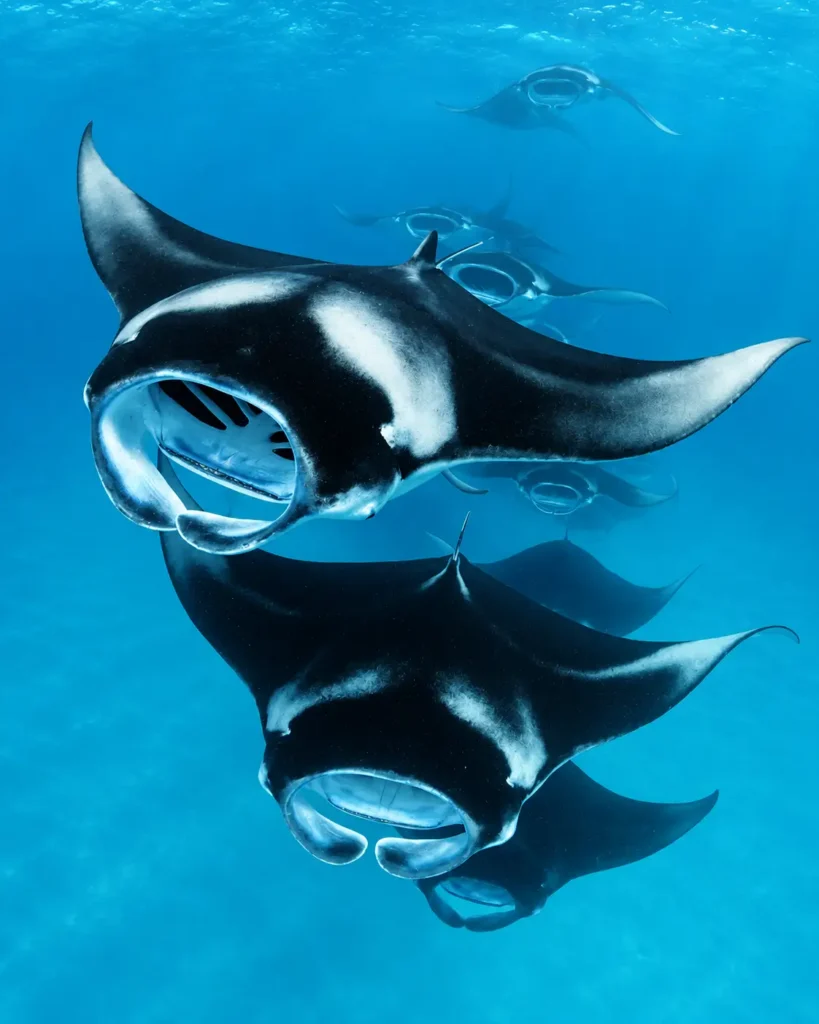 Reef manta rays feeding near the surface at Hanifaru Bay, Baa Atoll