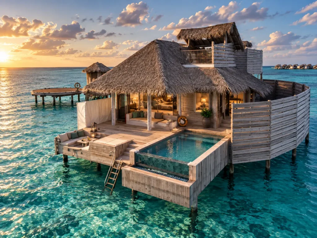 Water villas and lagoon at Six Senses Laamu