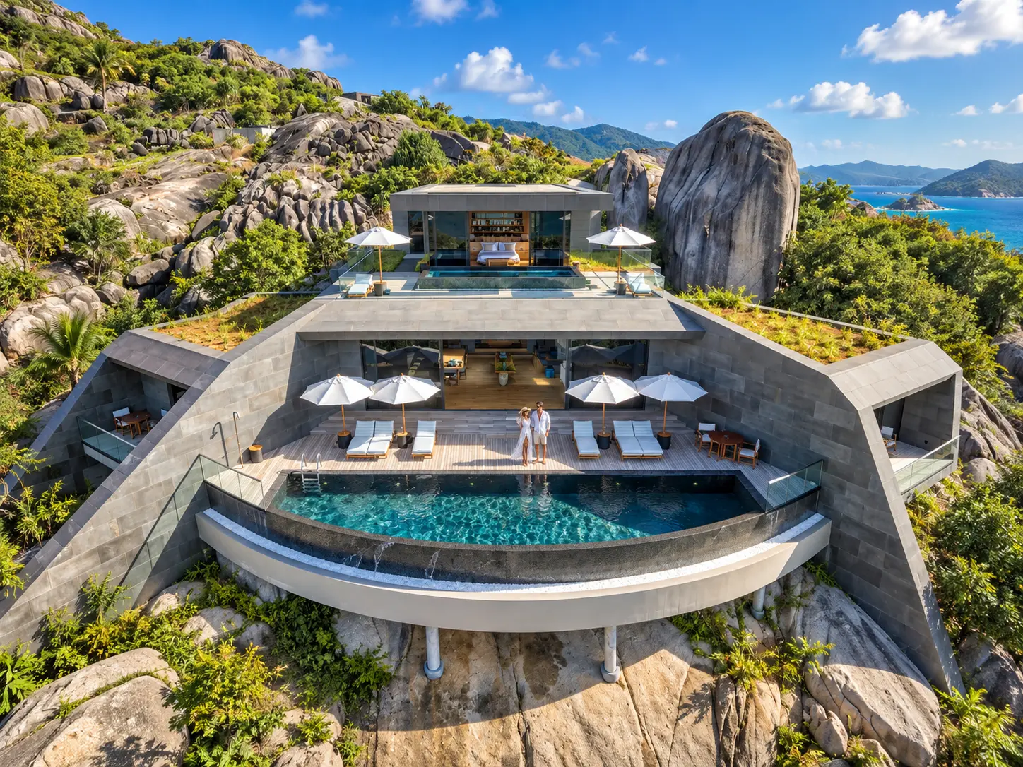 Six Senses Zil Pasyon villas among granite boulders on Félicité Island, Seychelles