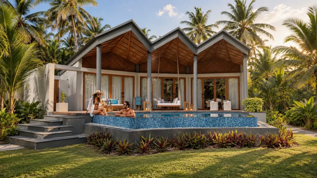 Pool villas along the beach at Waldorf Astoria Seychelles Platte Island