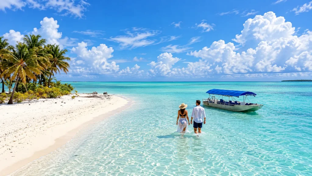Lagoon cruise boat anchored off a sandbar in Aitutaki
