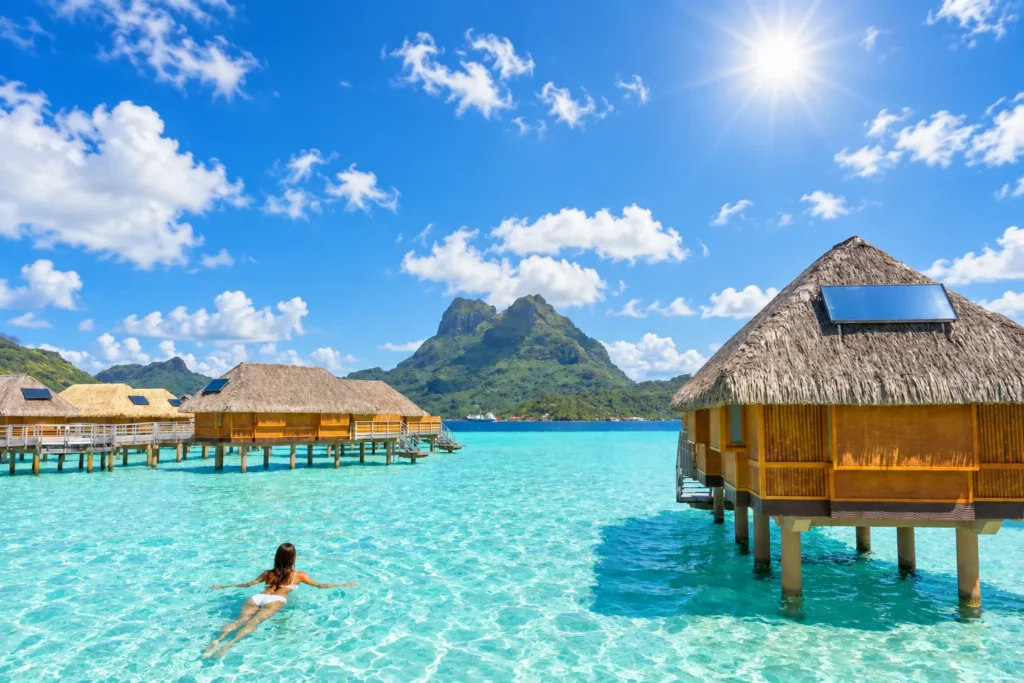 Bora Bora's lagoon and central peaks seen from above