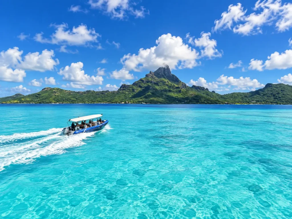 A resort boat crossing the Bora Bora lagoon