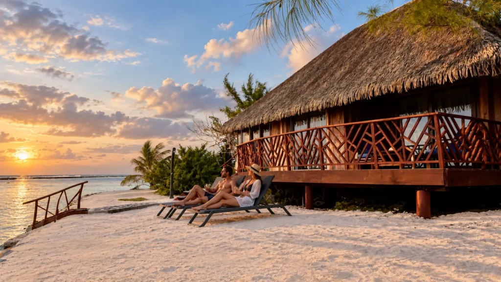 Bungalows and lagoon at Eden Private Island Taha'a