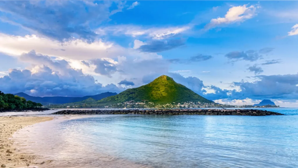 The long white-sand beach at Flic en Flac on the west coast of Mauritius