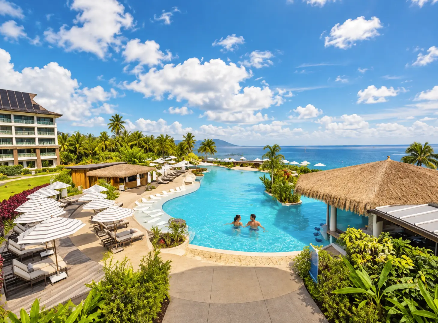 Pool and ocean view at Hilton Hotel Tahiti