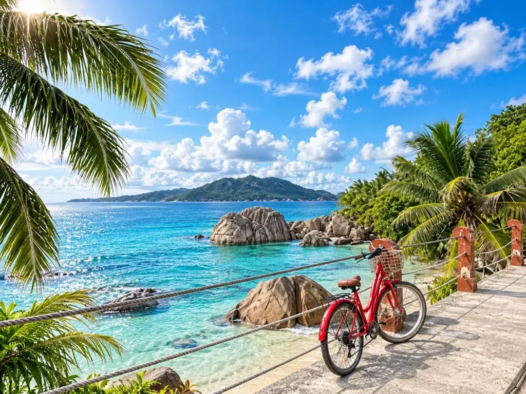 Bicycles parked by a sandy lane under palm trees on La Digue