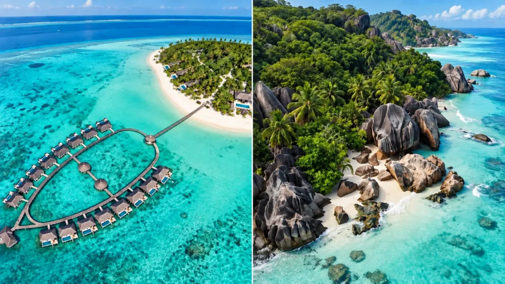Low coral island in the Maldives beside a granite coastline in Seychelles