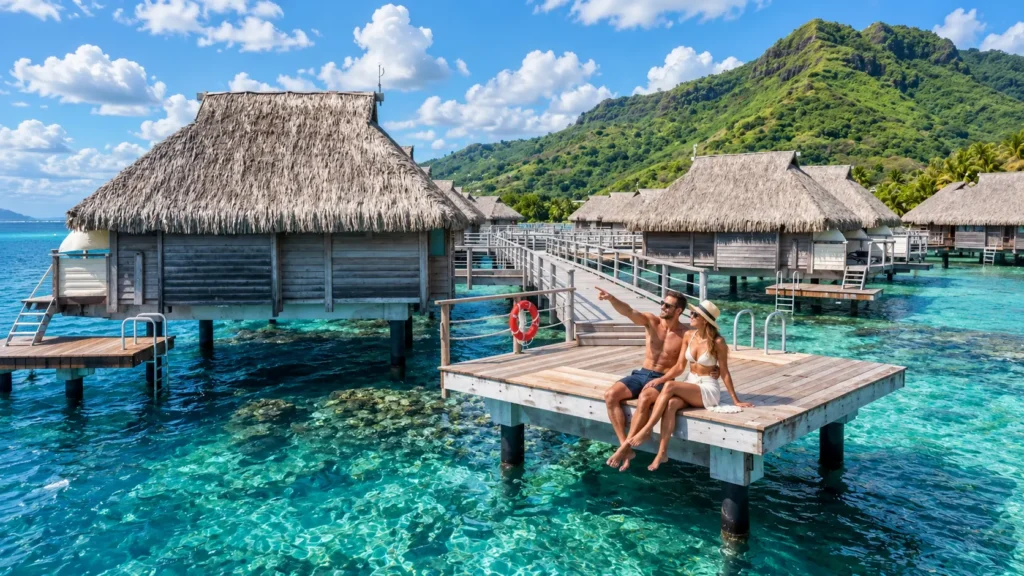 Bungalows and lagoon at Manava Beach Resort & Spa Moorea