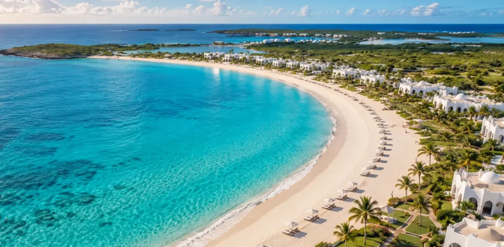 Curved white-sand shoreline of Maundays Bay on Anguilla's West End