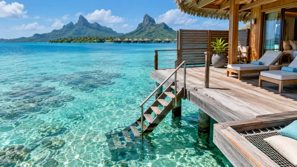 Overwater villa deck with ladder entering a shallow turquoise lagoon