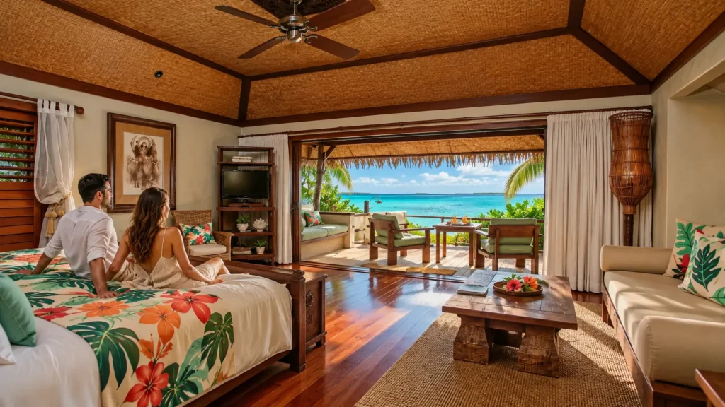 Beachfront villas and lagoon at Pacific Resort Aitutaki on Rapae Bay