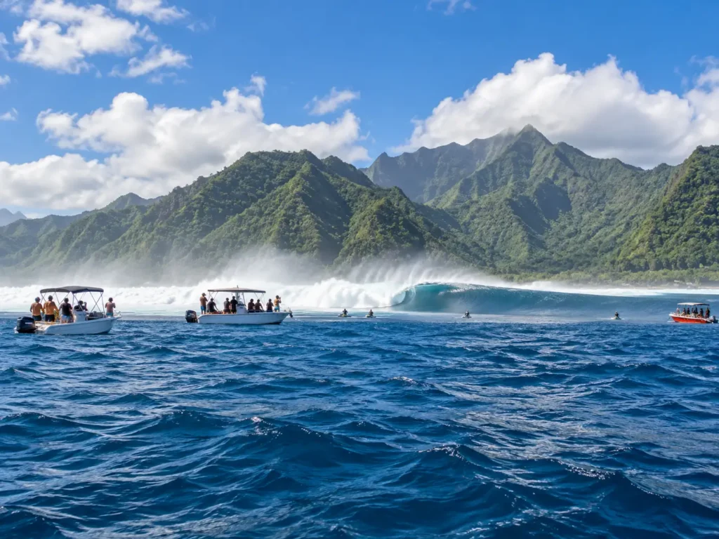 Reef break at Teahupo'o on Tahiti Iti