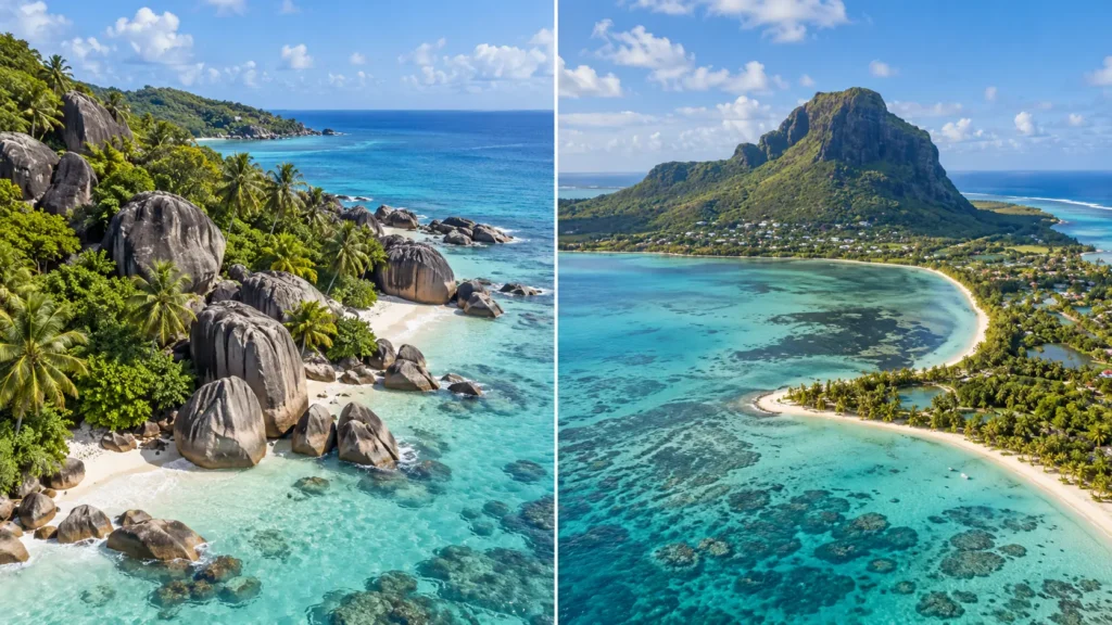 Granite boulders on a Seychelles beach beside a Mauritius lagoon and mountain view