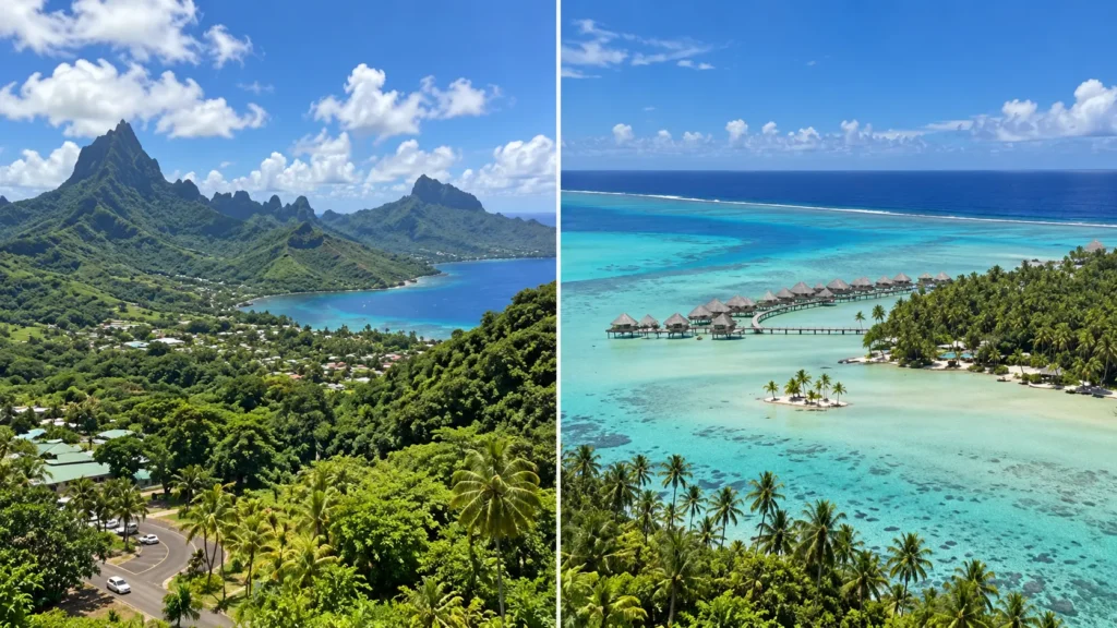 Volcanic peaks of Moorea beside the low green hills and motu of Taha'a