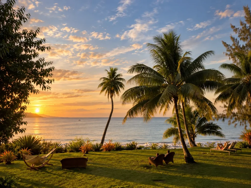 Sunset over the lagoon on Tahiti's west coast