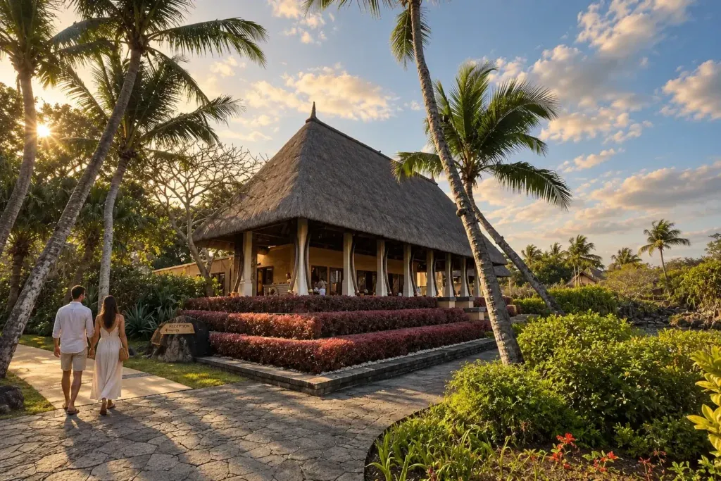 Thatched pavilions and gardens at The Oberoi, Mauritius, on Turtle Bay