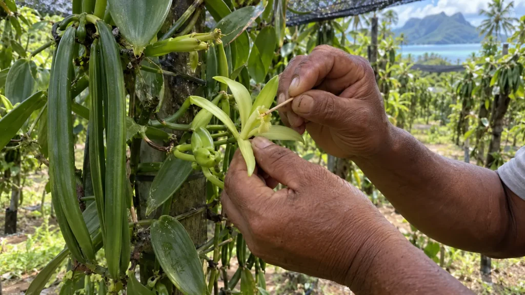 Vanilla vines growing on supports at a plantation in Taha'a