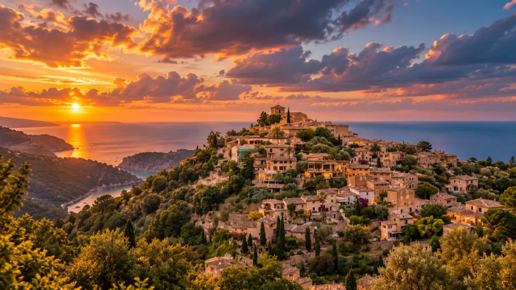 Deià village climbing the Tramuntana hillside above the Mediterranean
