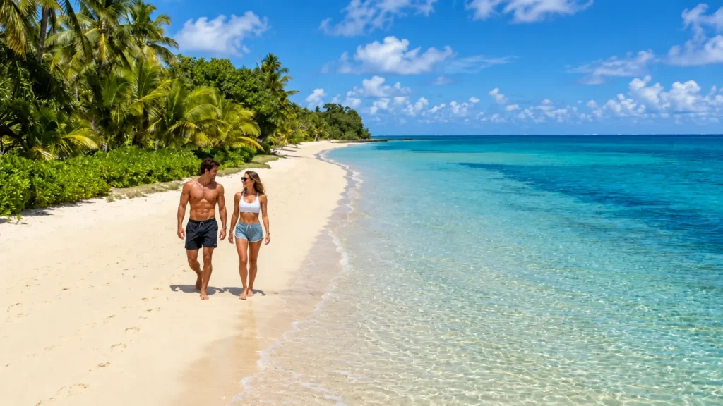 Couple walking along an empty white-sand beach in Fiji
