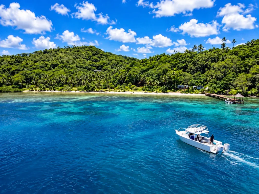 Wooden jetty reaching into a turquoise lagoon at a Fiji island resort