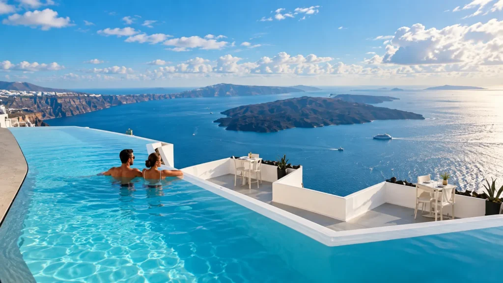 Terrace and heated pool at Grace Hotel Santorini