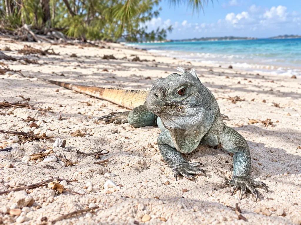 Iguana on the sand at Ambergris Cay nature reserve