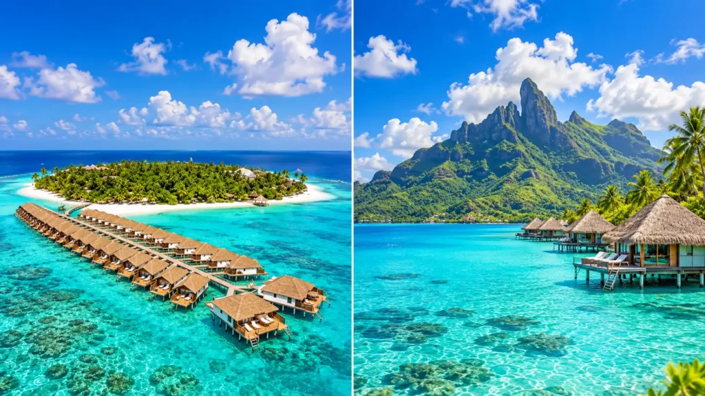 Maldives and Bora Bora compared: flat atoll lagoon and volcanic peak