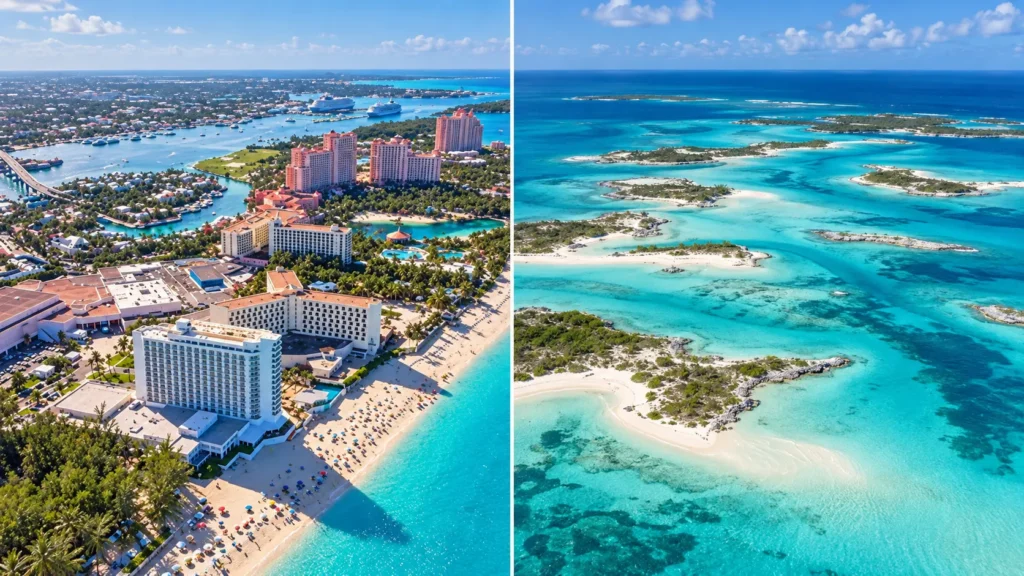 Aerial view of Bahamas islands and clear water