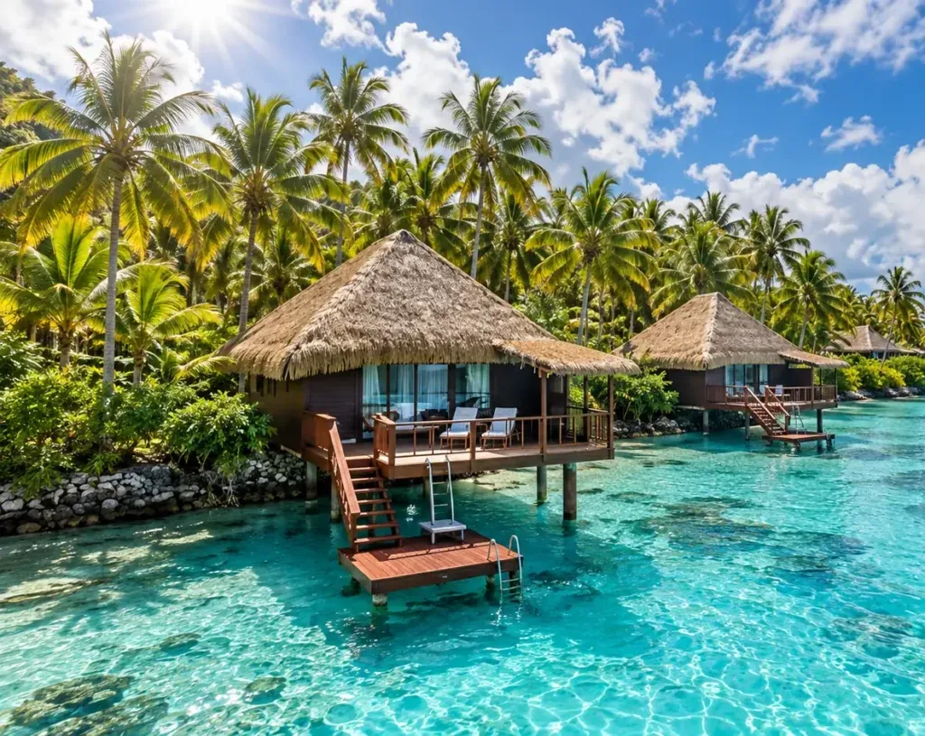 Overwater bungalows at Aitutaki Lagoon Private Island Resort