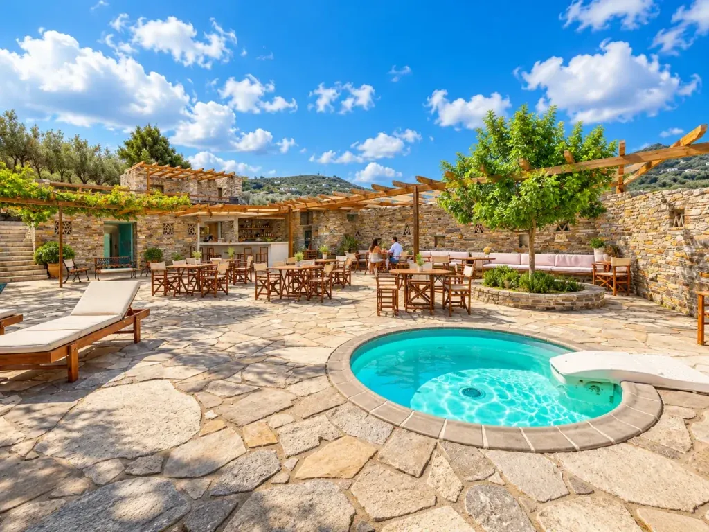 Private beachfront villa terrace on South Andros