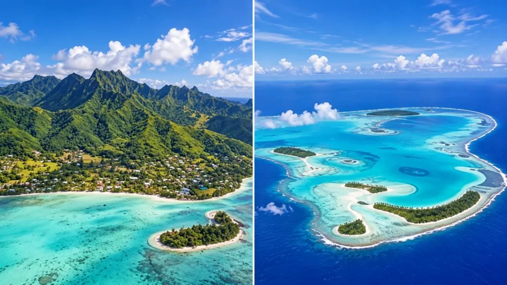Rarotonga's mountains beside Aitutaki's shallow turquoise lagoon