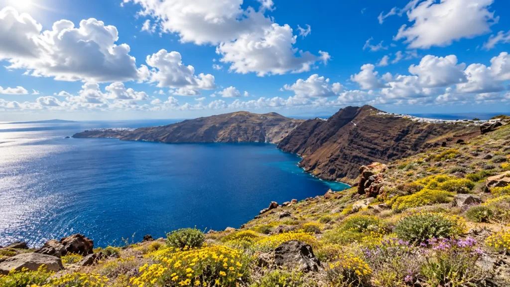 View along the caldera rim from Imerovigli towards Oia