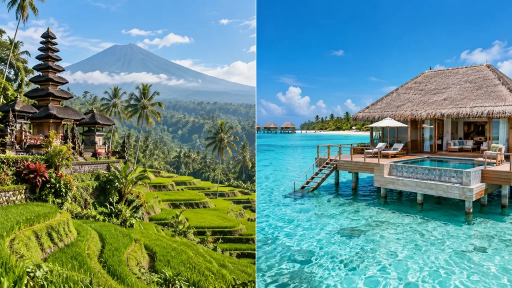 Bali and the Maldives side by side: rice terraces and temples against a turquoise lagoon