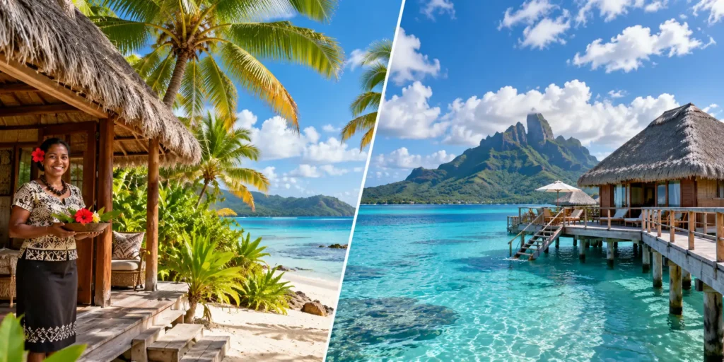 Fiji and Bora Bora lagoon scenes side by side