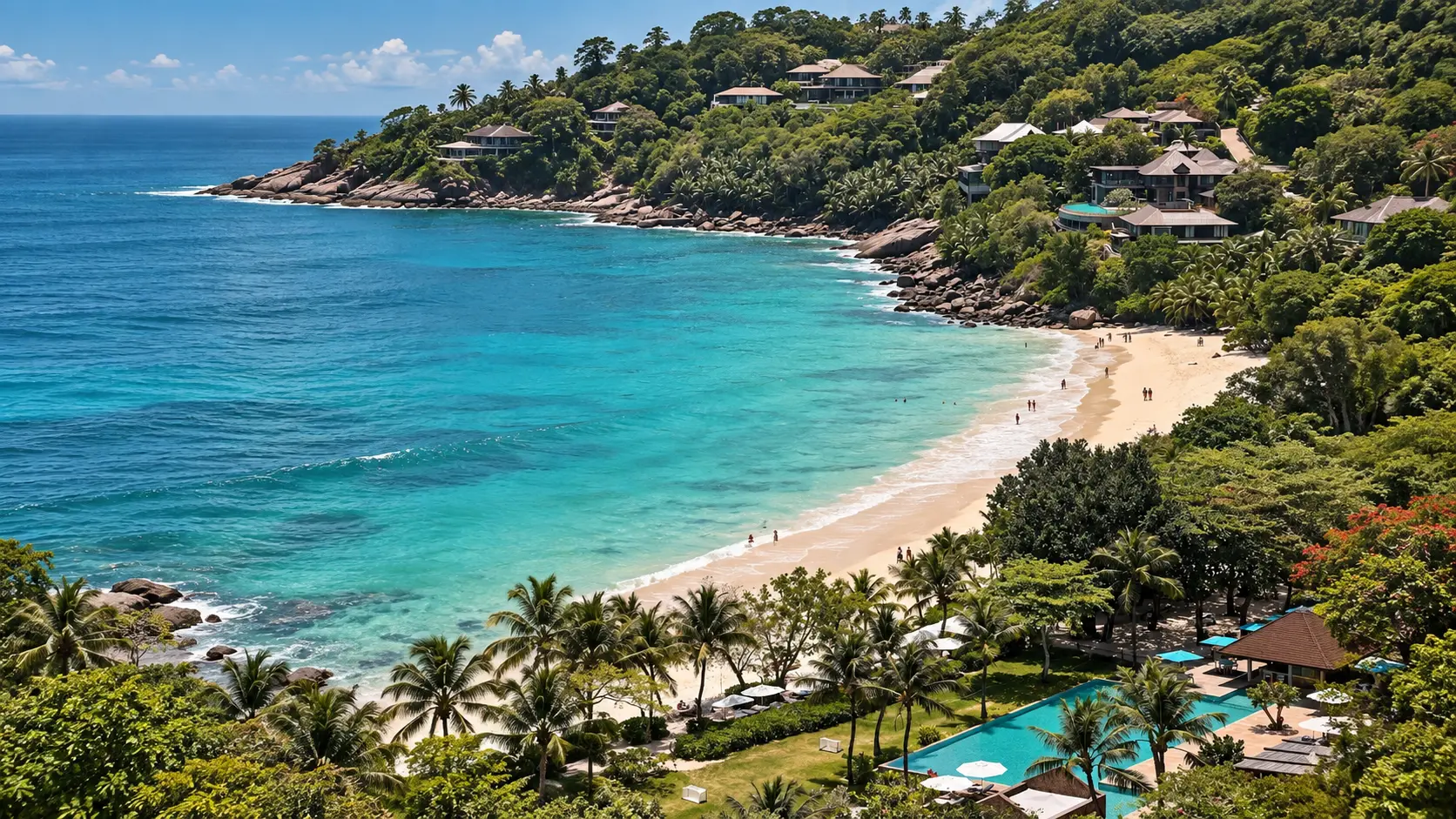 Four Seasons Resort Seychelles villas on the hillside above Petite Anse, Mahé