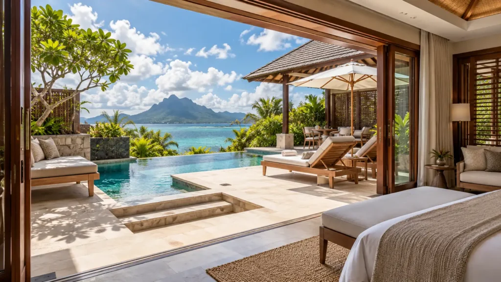 Private pool terrace with loungers and shade