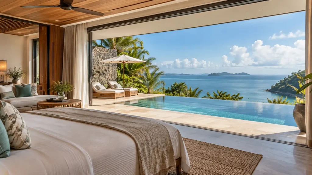 Wide private pool villa terrace with loungers and sea view